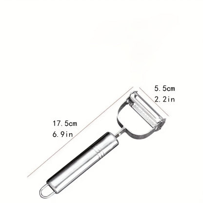 Multi-Use Fruit and Vegetable Peeler in Silvery Stainless Steel, Single Manual Kitchen Tool with Slicing, Grating and Shredding References for Home and RV Meal Prep