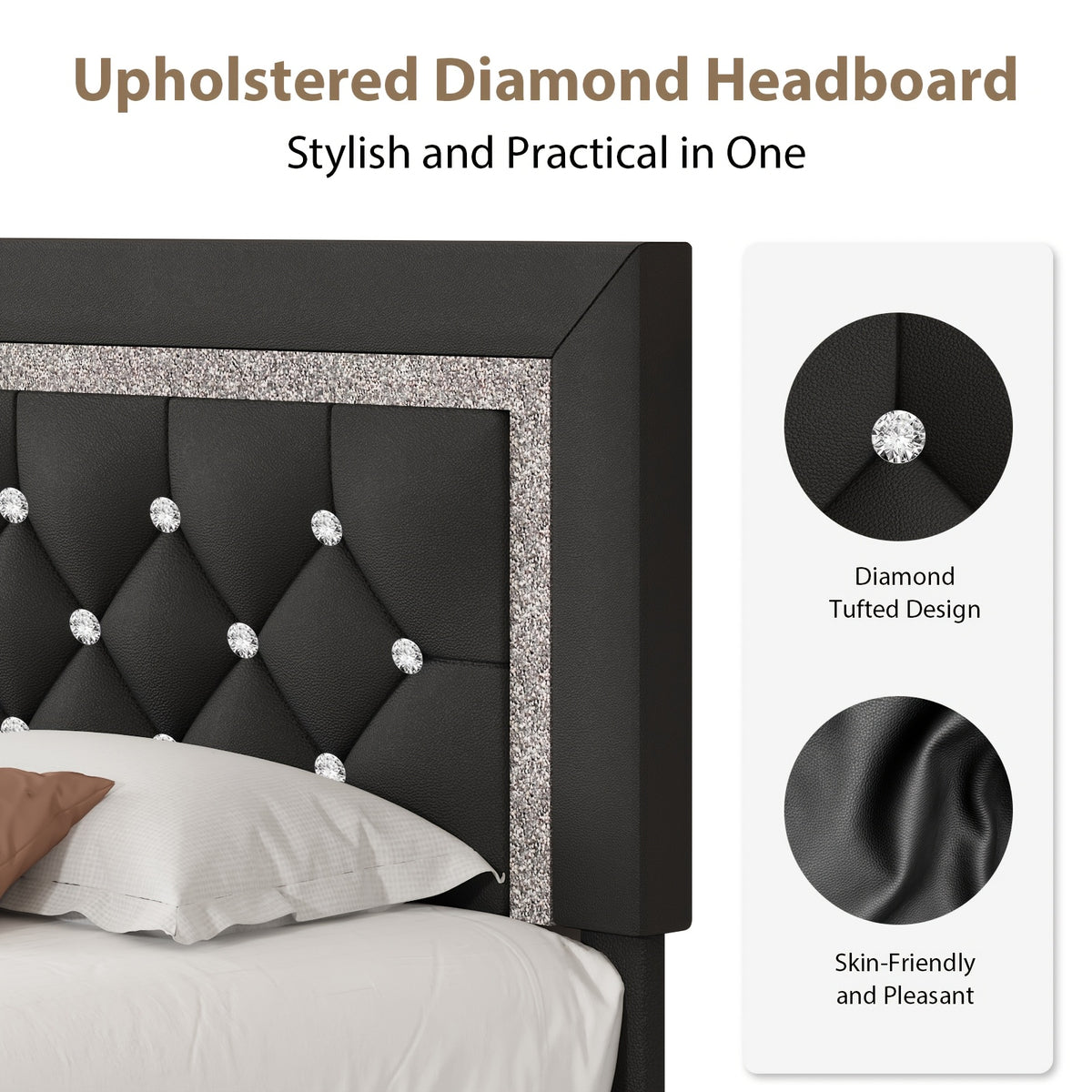 Princess Bed Frame with Diamond Headboard and Wooden Slat Support, Bedroom Furniture in White, Black or Pink with Twin, Full and Queen-1 Size Options