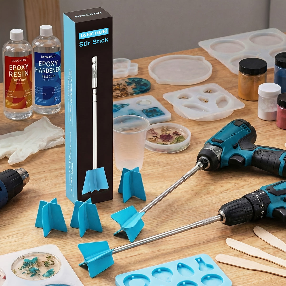 Resin Mixing Paddles by JANCHUN, 6 Reusable Stirring Attachments with Extension Stick for Compatible Drills and Small-Batch Epoxy Casting Projects
