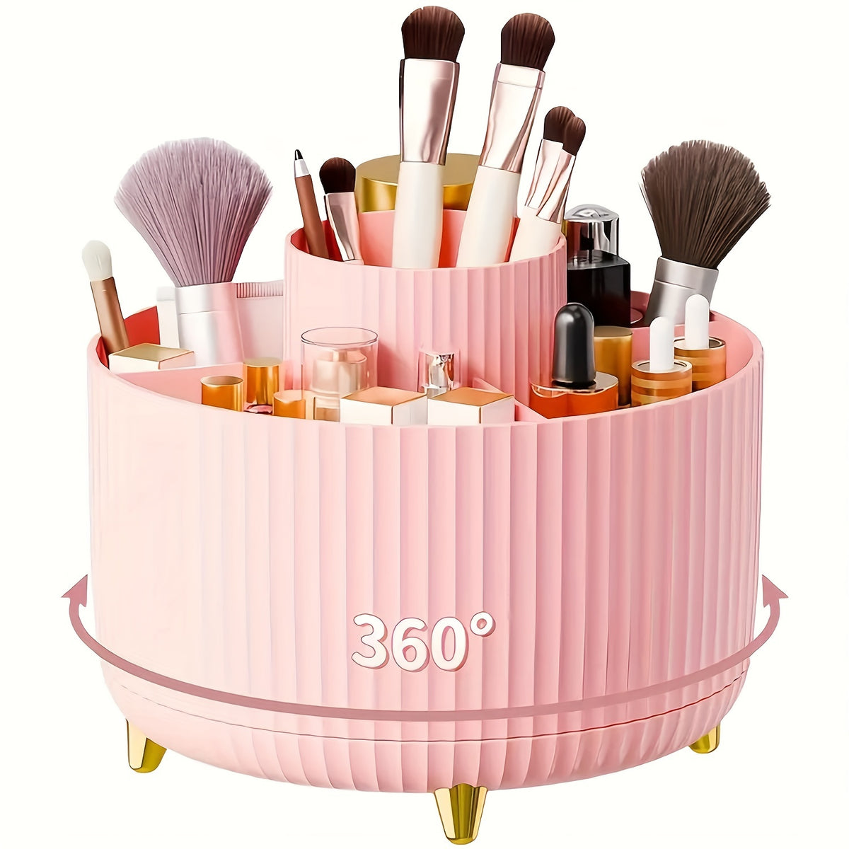 Rotating Makeup Organizer with Five Compartments, 360-Degree Plastic Cosmetic Brush and Lipstick Holder with Stripe Design for Vanity Storage and Desk Stationery