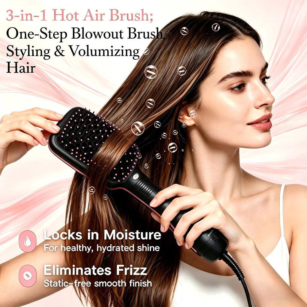 Blow Dryer Brush Straightener 3-in-1, One Step Hot Air Brush for Detangling, Straightening and Fast Drying, Anti-Frizz Salon-Quality Hair Styling Tool for Smooth, Shiny Straight Hair, Gift for Women
