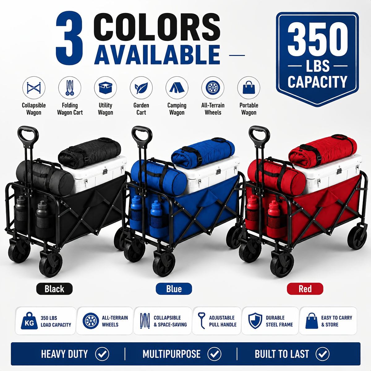 Small Folding Wagon in Black with 50LBS Model Label, Collapsible Utility Cart and Adjustable Pull Handle for Grocery, Garden Supply and Camping Gear Transport