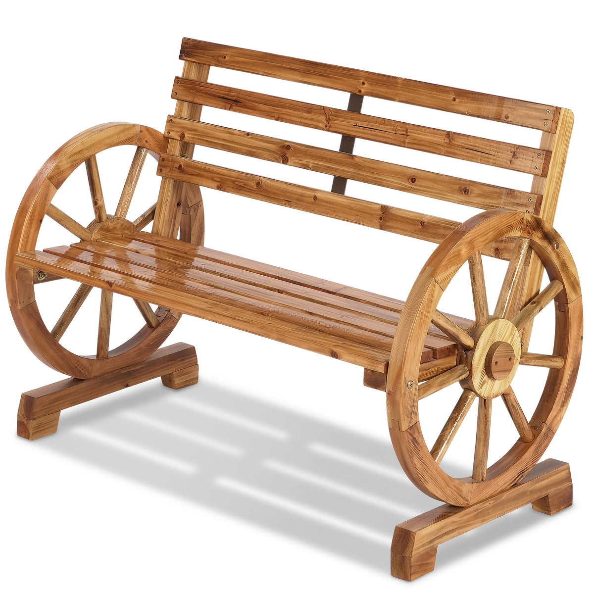 Outdoor Wooden Bench with Wagon Wheel Armrests, Slatted Seat and Backrest, Two-Person Poplar Wood Garden Seating in Light Carbonized Color, White or Black