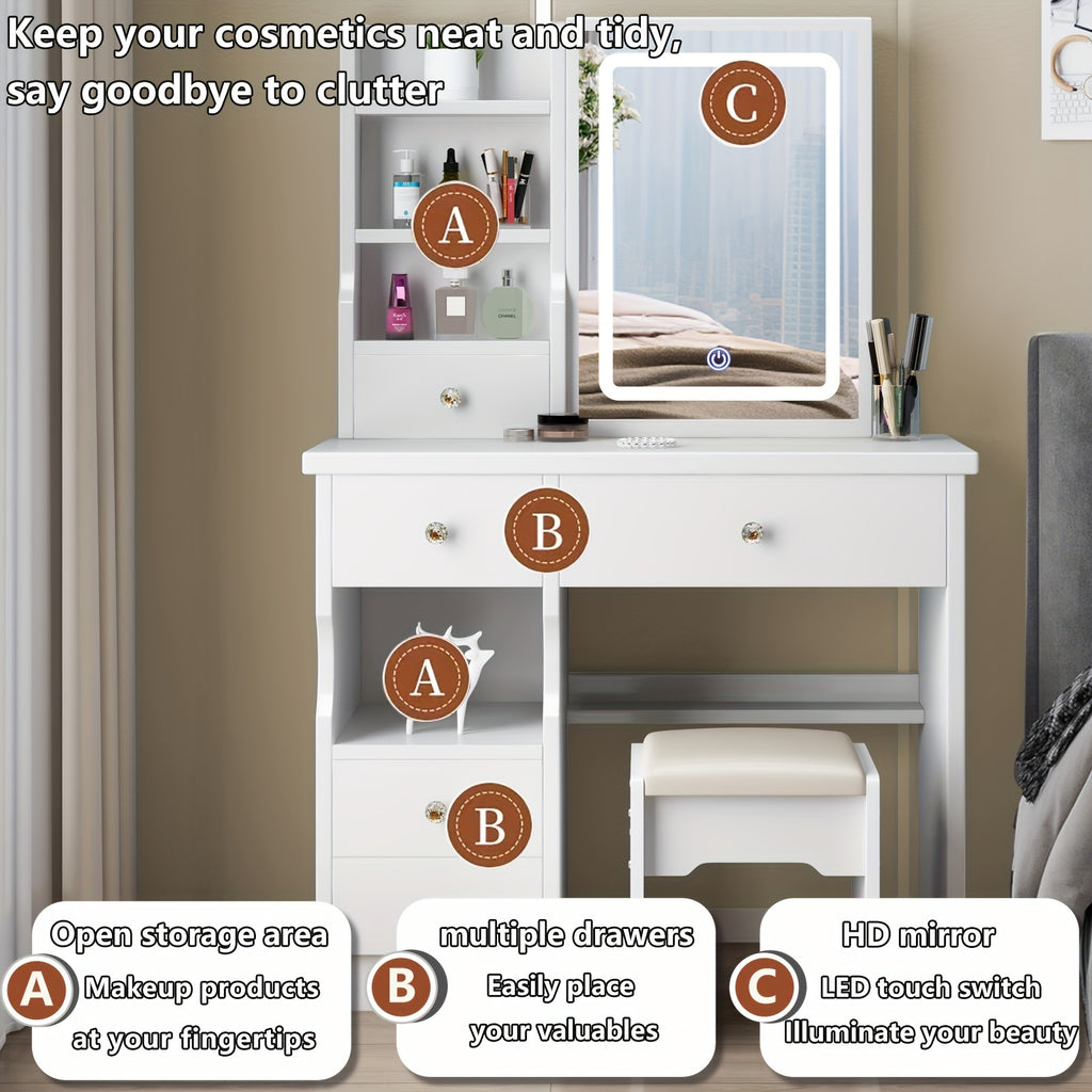 Makeup Vanity with Lighted Mirror, White Dressing Table Set with 5 Drawers, Stool and Open Shelves, 3 Light Settings and Adjustable Brightness