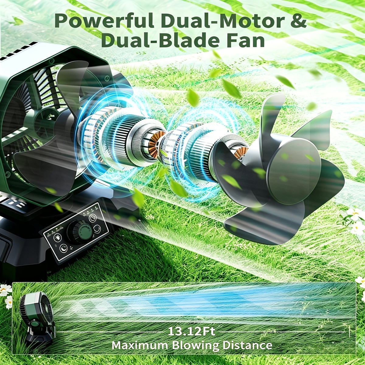 Eight-Speed Camping Fan with Remote Control, Dual Motors and USB Rechargeable Lithium Battery in Three Color Combinations for Campsites, Yard BBQs and Travel