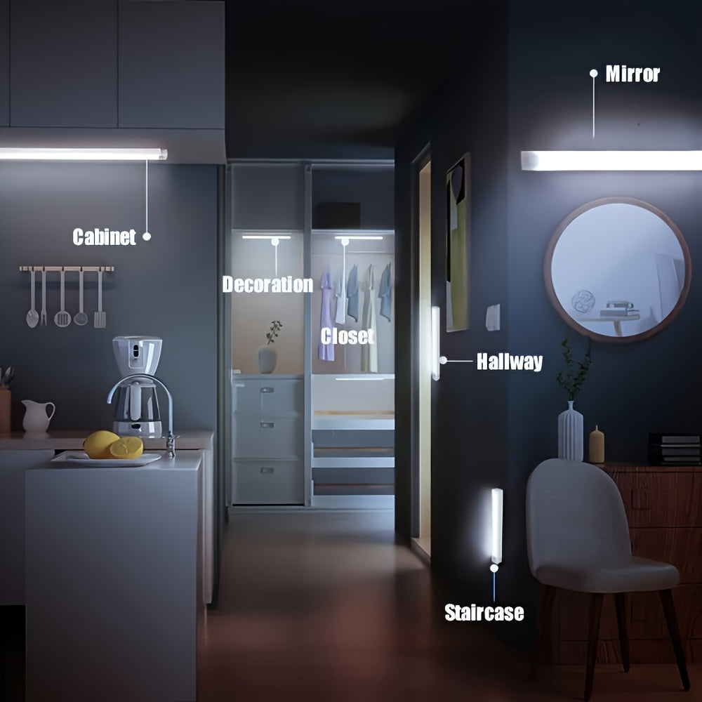 Rechargeable LED Motion Sensor Cabinet Lights, USB Wireless Under Cabinet Lighting, 3 Modes, Magnetic Stick-On Night Light Bar for Kitchen, Closet, Hallway, Stairs, Bedroom, 6/9/12-Pack, 3 Sizes