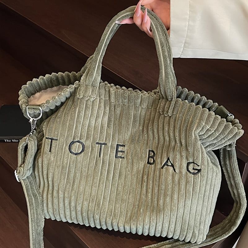 Letter Pattern Corduroy Tote Bag for Women with Adjustable Shoulder Strap and Listed Color-Block Design, Beige, Black, Green or Pink for Work, Shopping and Casual Outings