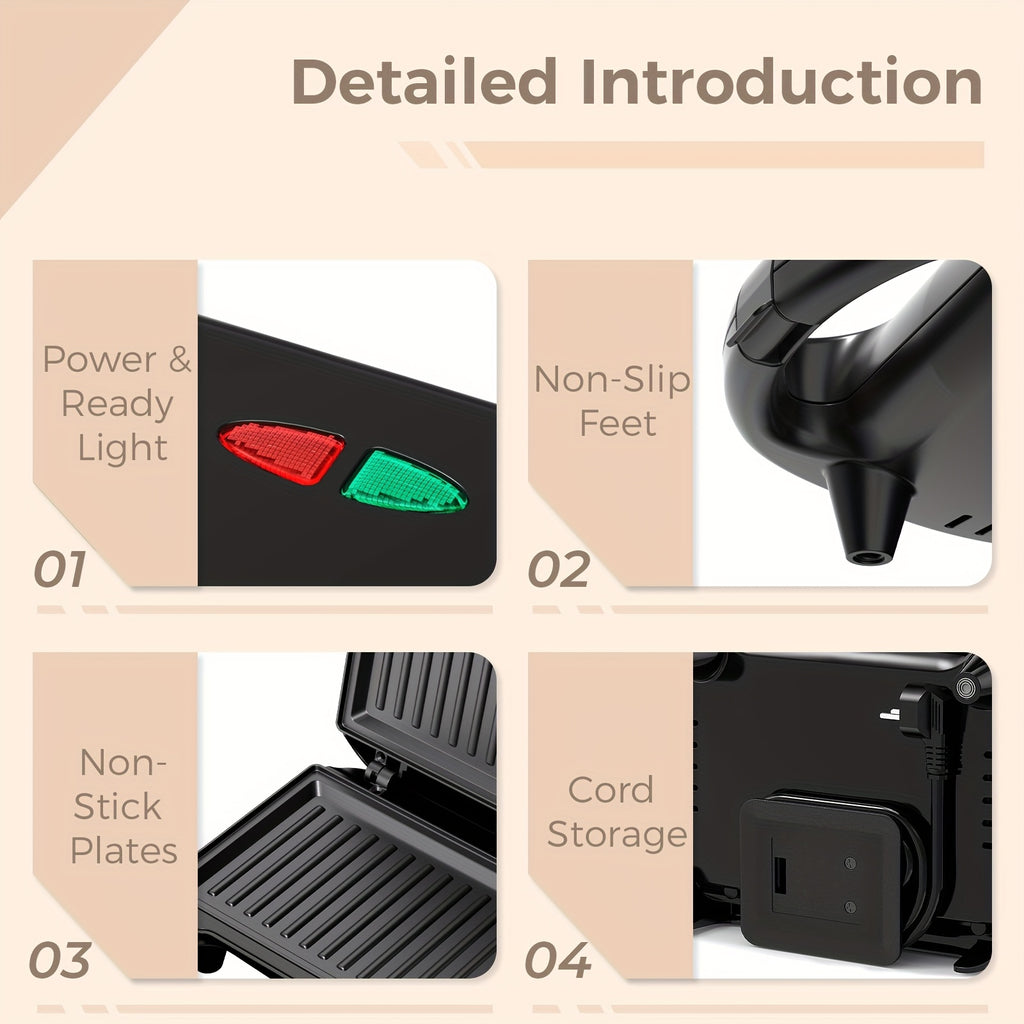 750W Sandwich Maker with Indicator Lights and Cool-Touch Handle, ABS07 Grill-Plate or Waffle-Plate Model Options for Grilled Cheese and Home Breakfast Preparation