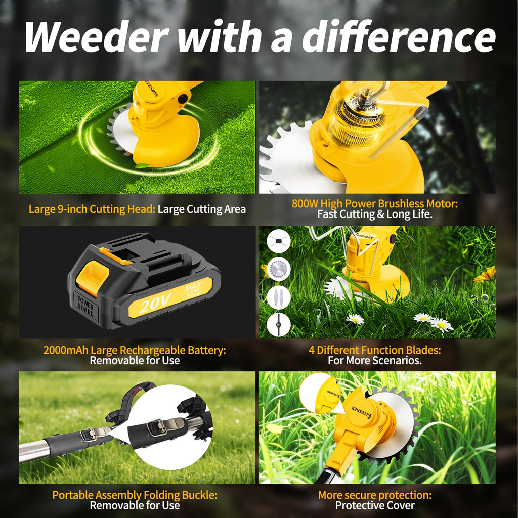 Cordless Electric Yard Weeder, Portable Lithium-Ion Battery Lawn and Garden Cutting Tool with Basic, Yellow or Purple One- and Two-Battery Options