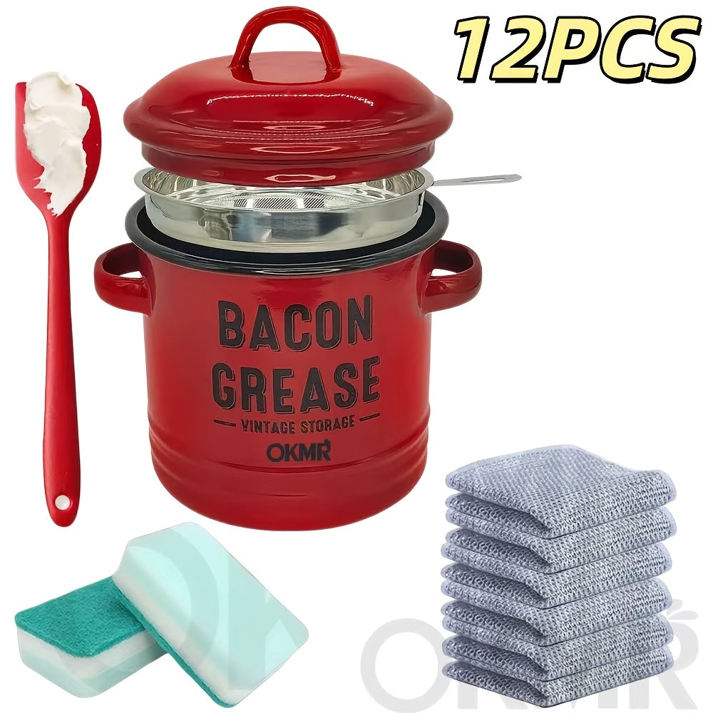 Bacon Grease Container with Lid for Kitchen Cooking Oil Storage, Red, Blue, White and Green Package Options with 12-Piece Labels and a Red No-Filter Two-Piece Set