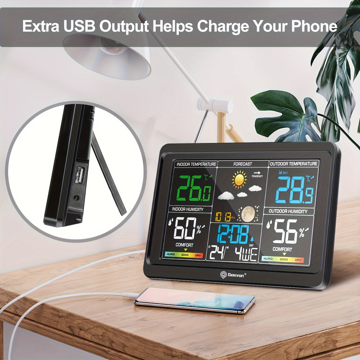Geevon Color Display Weather Station with Listed 7.6-Inch LCD, Indoor Outdoor Temperature and Humidity, Barometer, Alarm Clock and Adjustable Backlight, Black