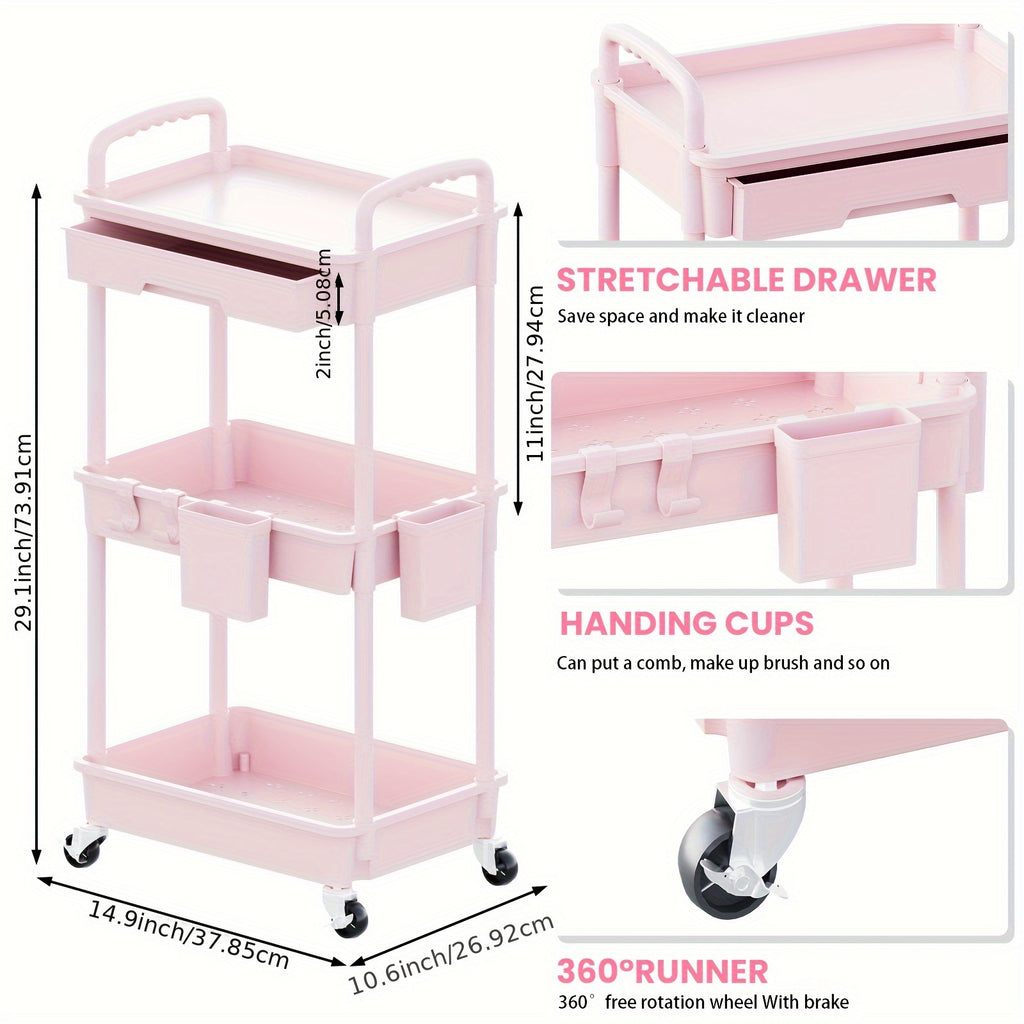 Three-Tier Rolling Storage Cart with Drawer, Plastic Organizer with Lockable Wheels, Listed Cup Holders and Hooks in Five Colors for Kitchen, Bathroom and Office