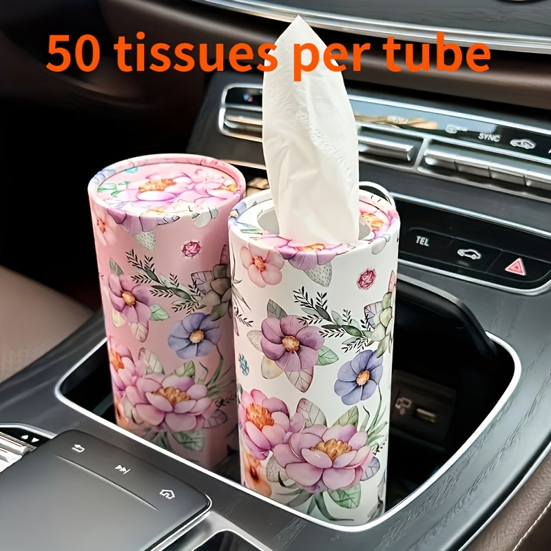 Cup Holder Car Tissue Tubes, Two-Roll Pink and White Floral Facial Tissue Pack in Compact Cylindrical Containers for Vehicle Interior Organization and Daily Use