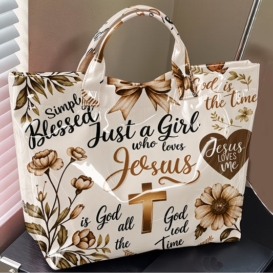 Christian Tote Bag with Floral and Cross Design, Faith-Inspired Glossy Shoulder and Top Handle Handbag for Church, Casual Outings and Everyday Carry