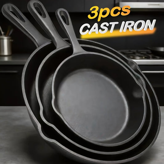 Cast Iron Skillet Set, 3-Piece Pre-Seasoned Round Pans with Handles for Stovetop Meals, Steak and Omelette Cooking, Camping and Compatible Grill Use