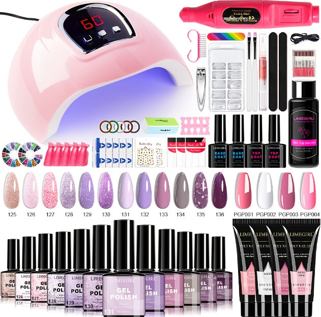 Gel Manicure Kit with 12 Listed Polish Colors and 4 Extension Gel Colors, Nail Lamp and Electric Drill References, Five Set Options for Adult Nail Art