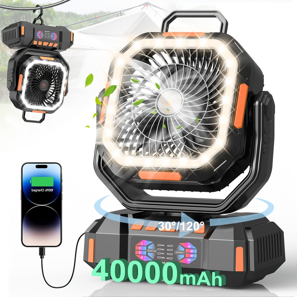 Portable Camping Fan with Listed 40000mAh Capacity, LED Light, Hanging Hook, Remote Control, Timer and Auto Oscillation in Green, Orange or Black