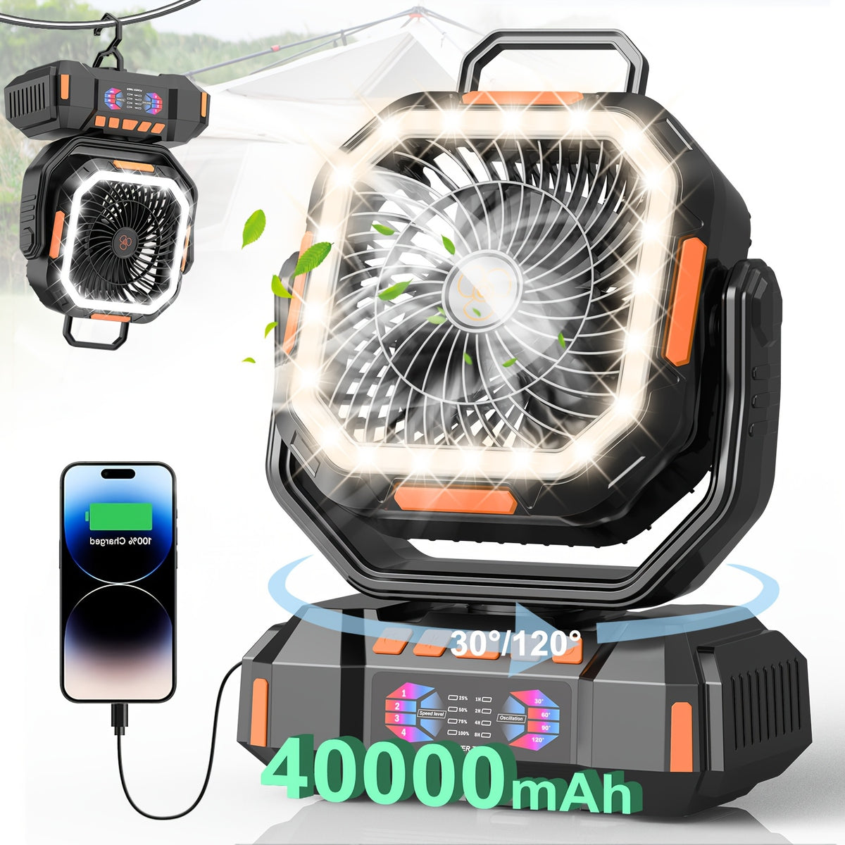 Portable Camping Fan with Listed 40000mAh Capacity, LED Light, Hanging Hook, Remote Control, Timer and Auto Oscillation in Green, Orange or Black