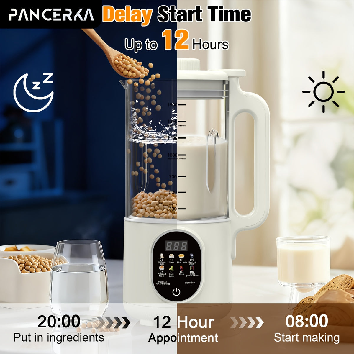 One-Touch Nut Milk Maker by PANCERKA, White A Automatic Countertop Blender for Compatible Almond, Oat, Soy and Coconut Beverage Recipes and Kitchen Preparation
