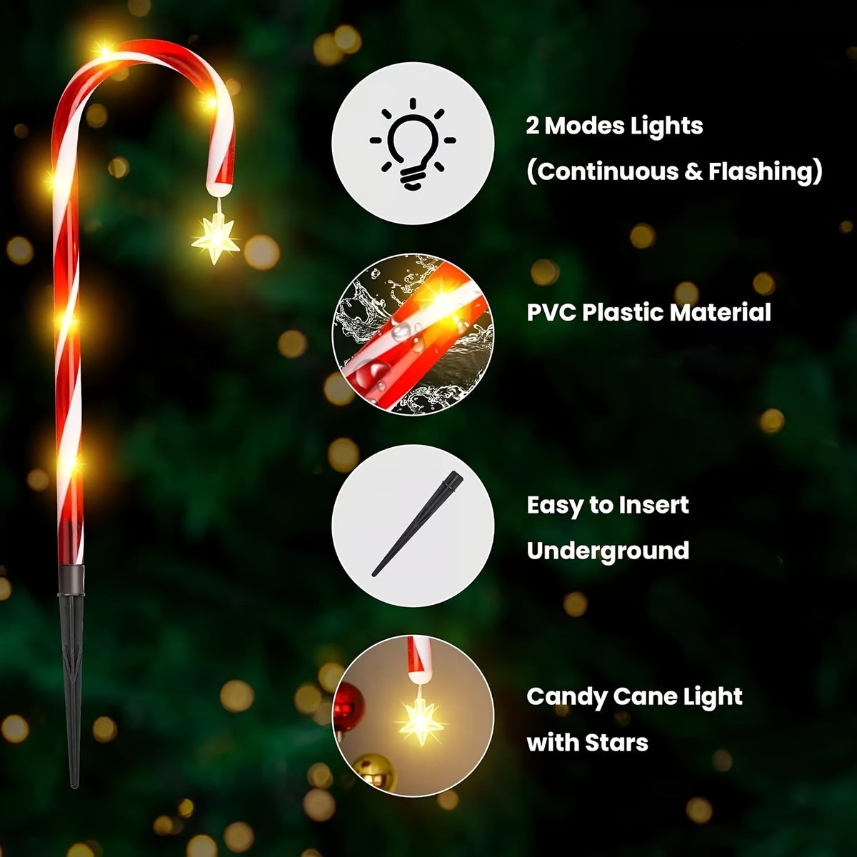 Solar Candy Cane Pathway Lights, 12-Piece Set with 48 Total LEDs, Eight Lighting Modes and Ground Stakes for Christmas Lawn, Garden and Front Yard Displays