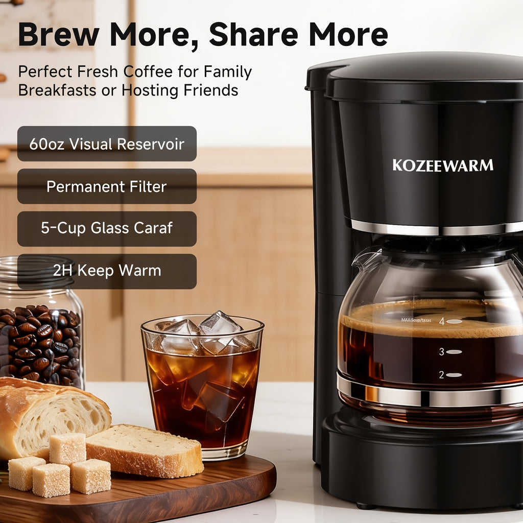 Drip Coffee Maker 12-Cup, One-Touch Coffee Machine with Reusable Filter, No-Disassembly Easy Clean, Brew for Home, Office, Kitchen, All-Day Coffee, Black