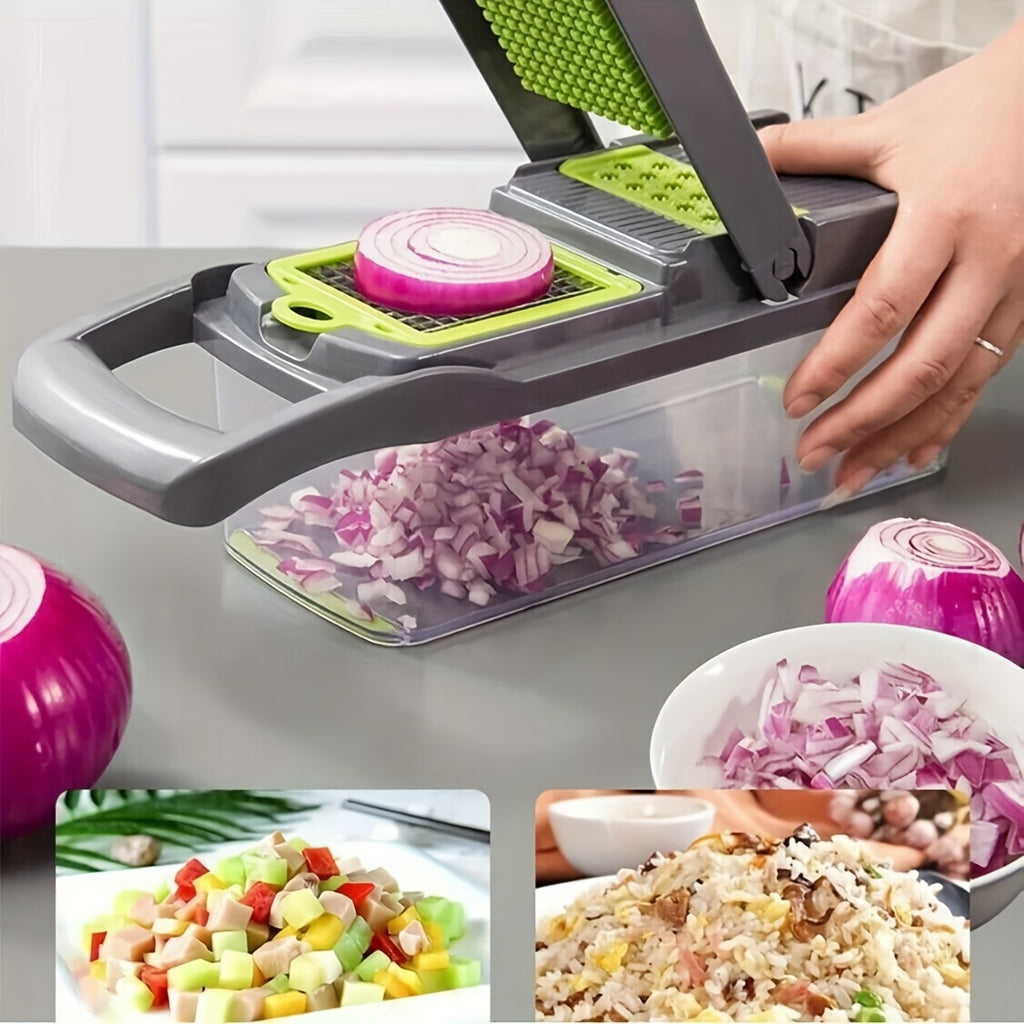 14-in-1 Vegetable Chopper with Container, Multifunctional Onion Dicer and Fruit Cutter for Everyday Kitchen Ingredient Preparation and Home Cooking