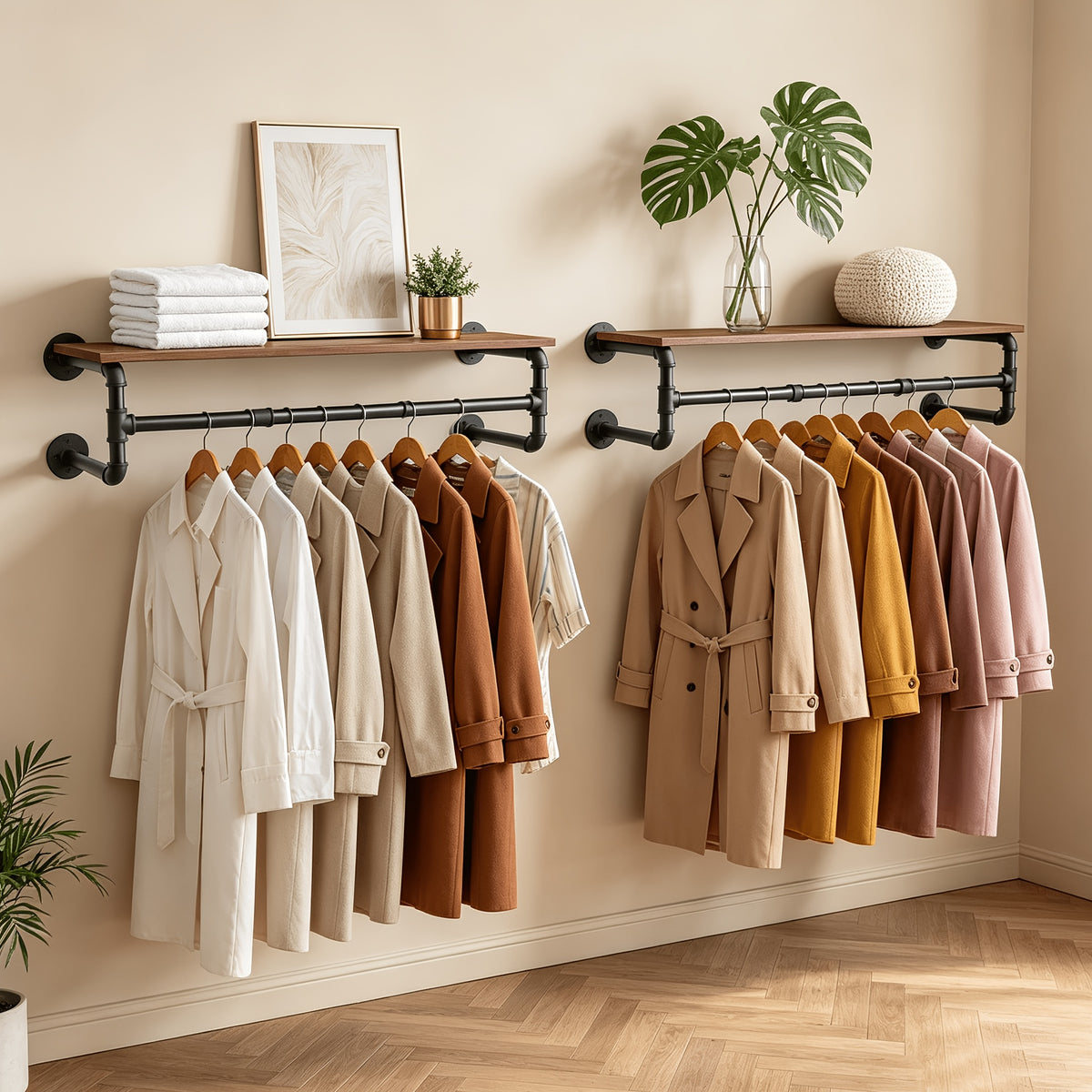 Industrial Pipe Clothes Rack by AESOME, 39.3-Inch Wall-Mounted Hanging Rod with Wood Top Shelf and Three Hooks in Black and Dark Brown for Closet Storage