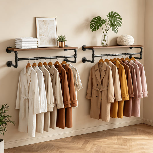 Industrial Pipe Clothes Rack by AESOME, 39.3-Inch Wall-Mounted Hanging Rod with Wood Top Shelf and Three Hooks in Black and Dark Brown for Closet Storage