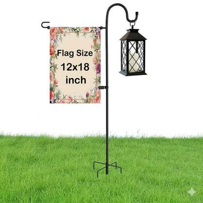 Garden Flag Holder with Clip and 2 Spring Stoppers, Powder-Coated Steel Stand with Shepherd Hooks for 12 x 18 Inch Seasonal Flags and Front Yard Decor