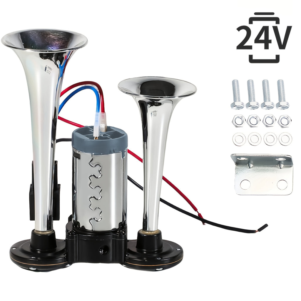 Double Tube Air Horn with Compressor and Mounting Bracket References, Listed Aluminum Alloy Vehicle Accessory in 24V Dual-Color or Silvery Options