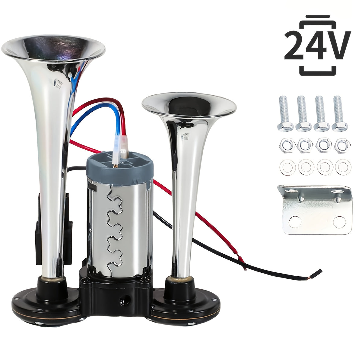 Double Tube Air Horn with Compressor and Mounting Bracket References, Listed Aluminum Alloy Vehicle Accessory in 24V Dual-Color or Silvery Options