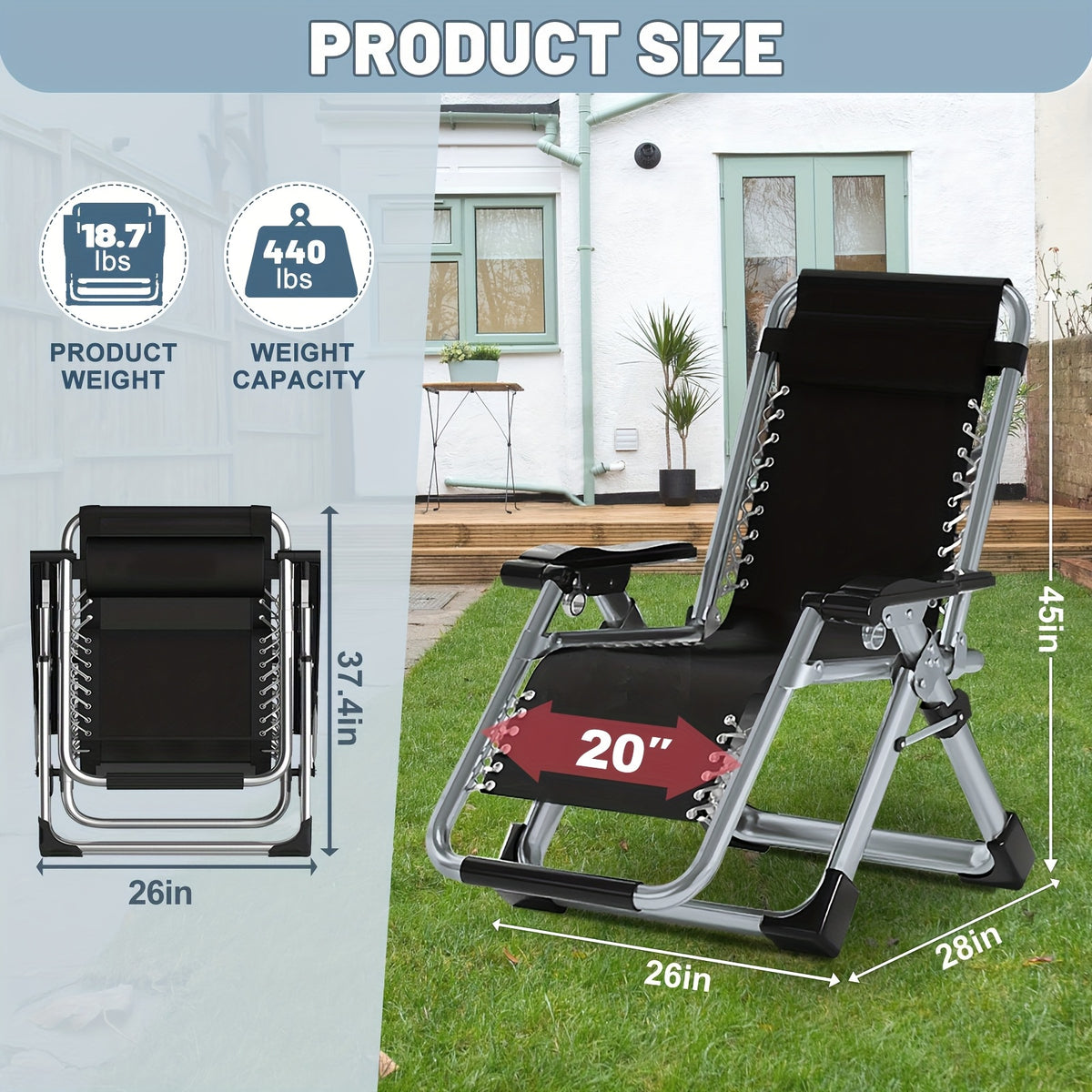 Zero Gravity Folding Lounge Chair with Listed Detachable Cushion and Cup Holder, Reclining Seat in Black, Gray, Light Gray or Blue and Gray Options