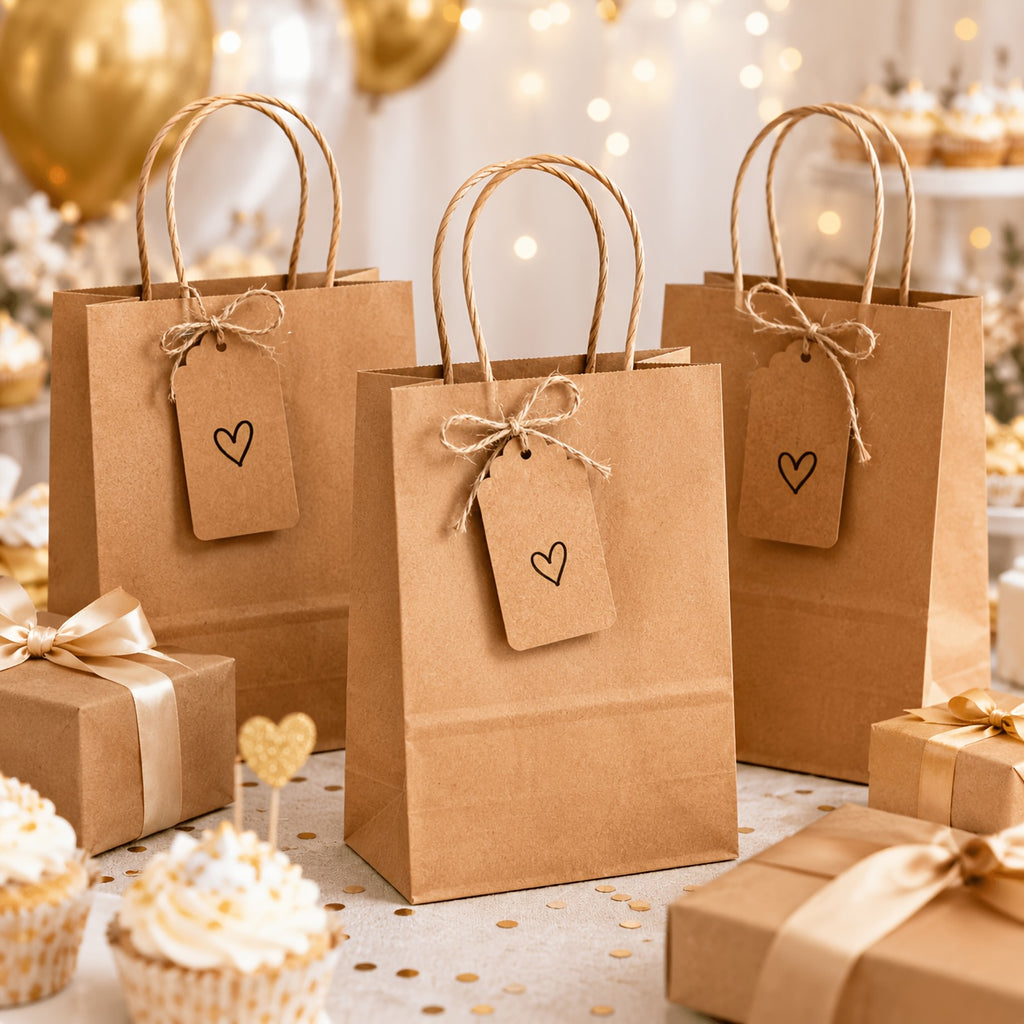 Kraft Paper Gift Bags with Twisted Handles, 100-Pack Bulk Packaging in Small, Medium and Large Size Options for Wedding Favors, Holiday Gifts and Retail