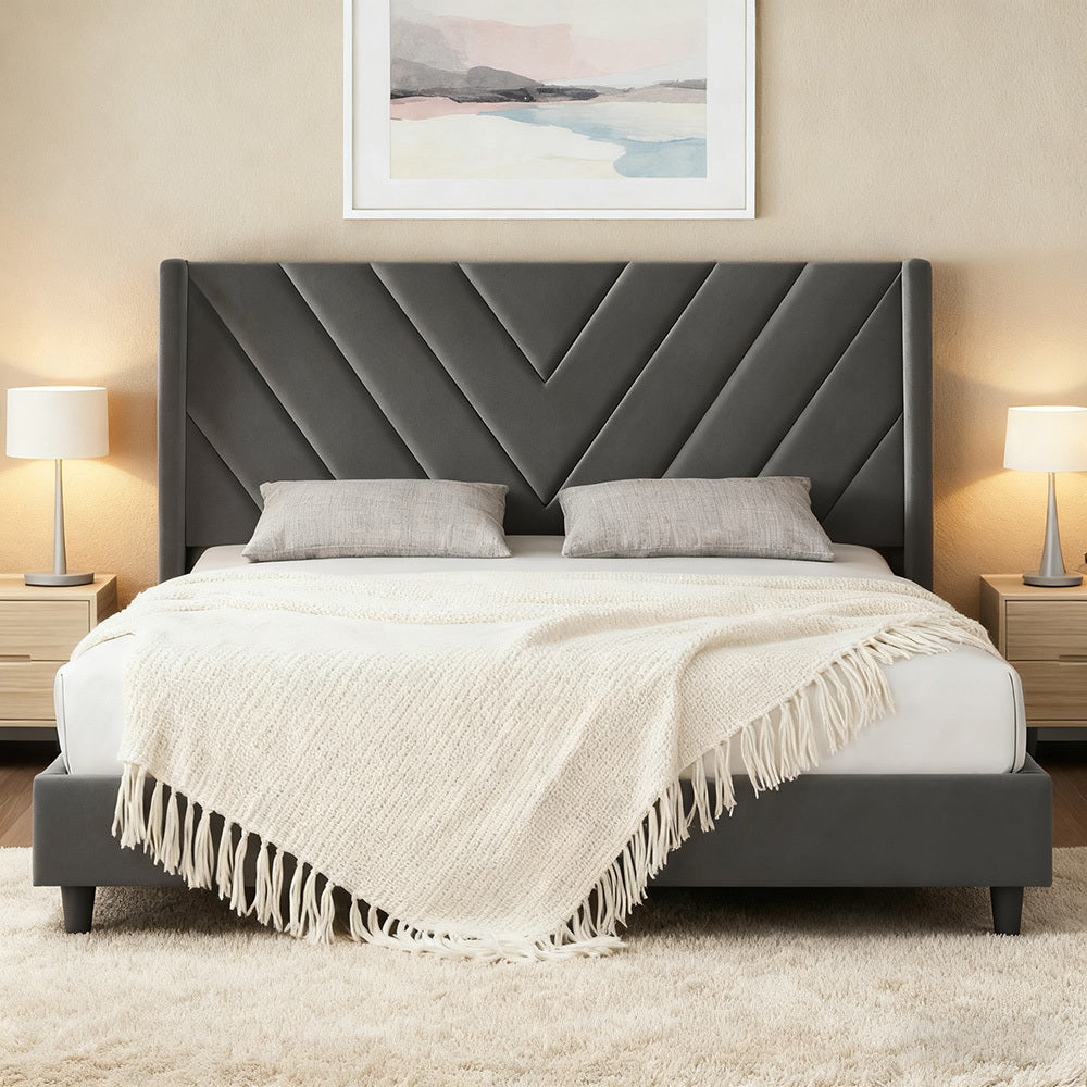 Velvet Platform Bed Frame by Costoffs with Wingback Headboard and Geometric Stitching, Wooden Slat Support, No Box Spring Needed, Twin to King Options