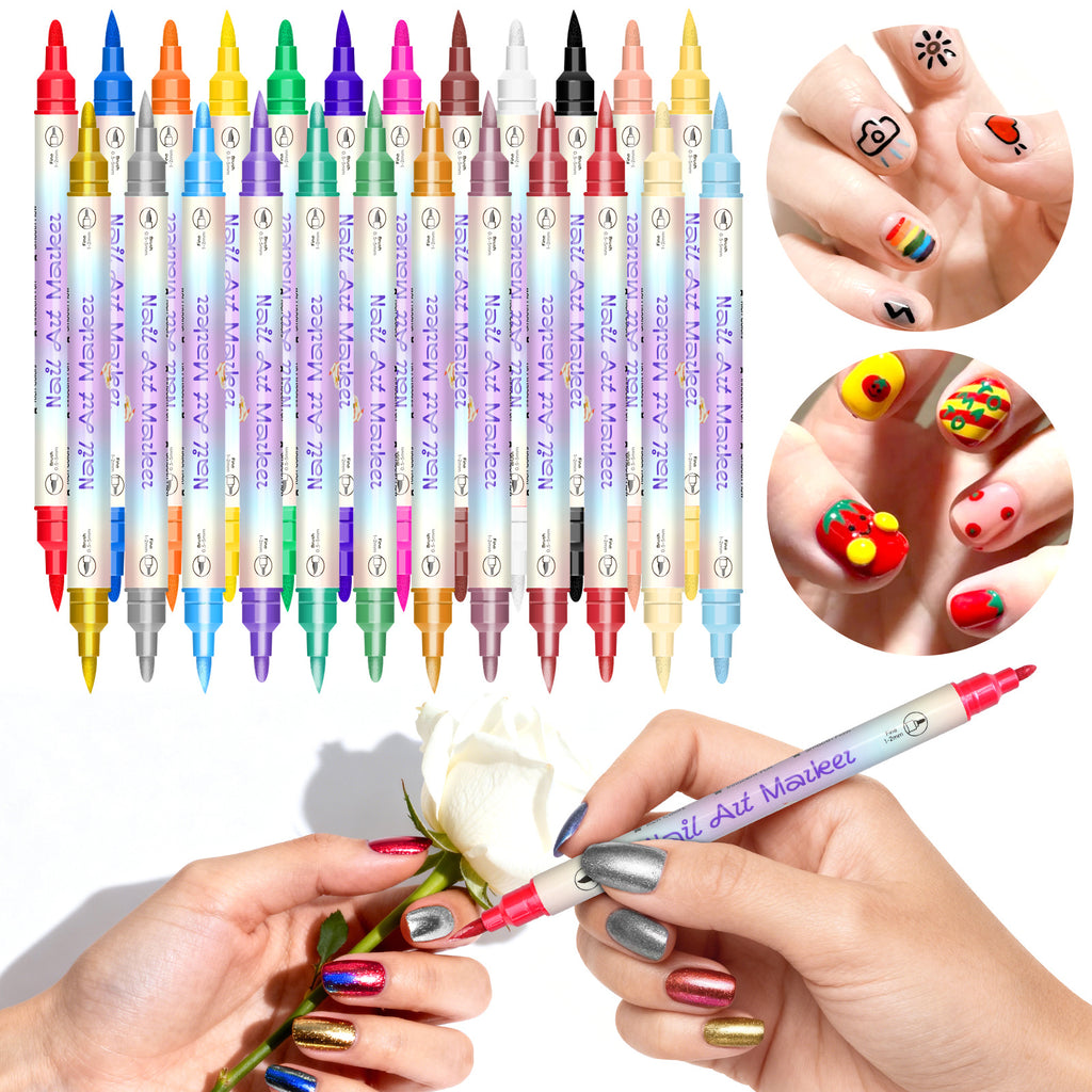Dual-Tip Nail Art Markers 24-Piece Set, 12 Metallic and 12 Dopamine Color Acrylic Paint Pens for Graffiti-Inspired DIY Manicure Designs at Home or Salon