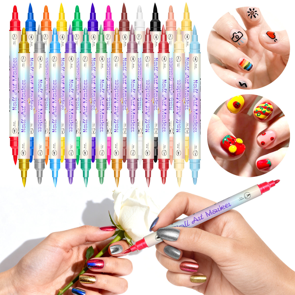 Dual-Tip Nail Art Markers 24-Piece Set, 12 Metallic and 12 Dopamine Color Acrylic Paint Pens for Graffiti-Inspired DIY Manicure Designs at Home or Salon