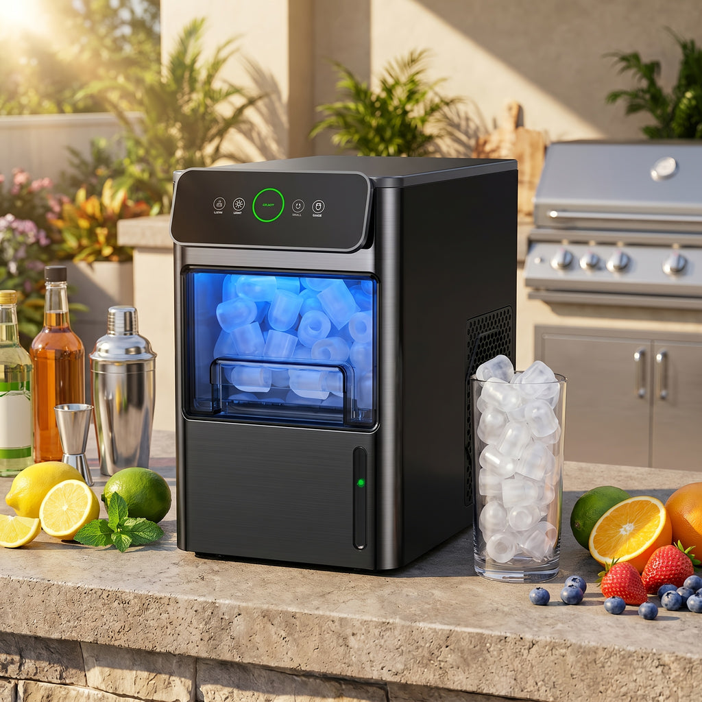 Tabletop Bullet Ice Maker with Water Level Window, Automatic Cleaning, Basket and Scoop, Listed 22lb or 26lb Model Options for Kitchen Drinks and Parties