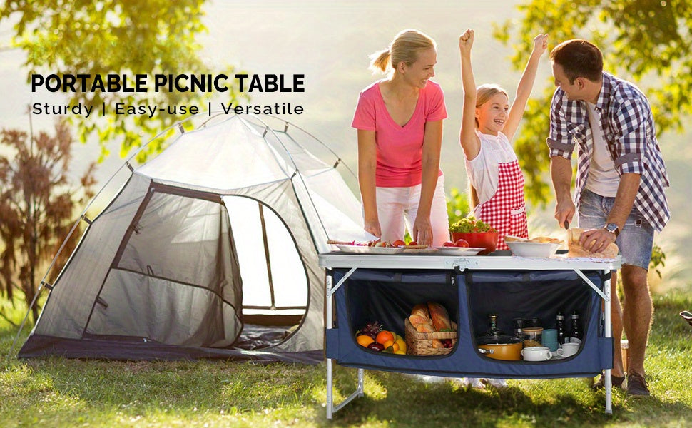 Camping Folding Table with Storage by Bonnlo, 4ft Adjustable-Height Aluminum Picnic Table in Five Color Options for Backyard BBQs, Patio Dining and Outdoor Gatherings