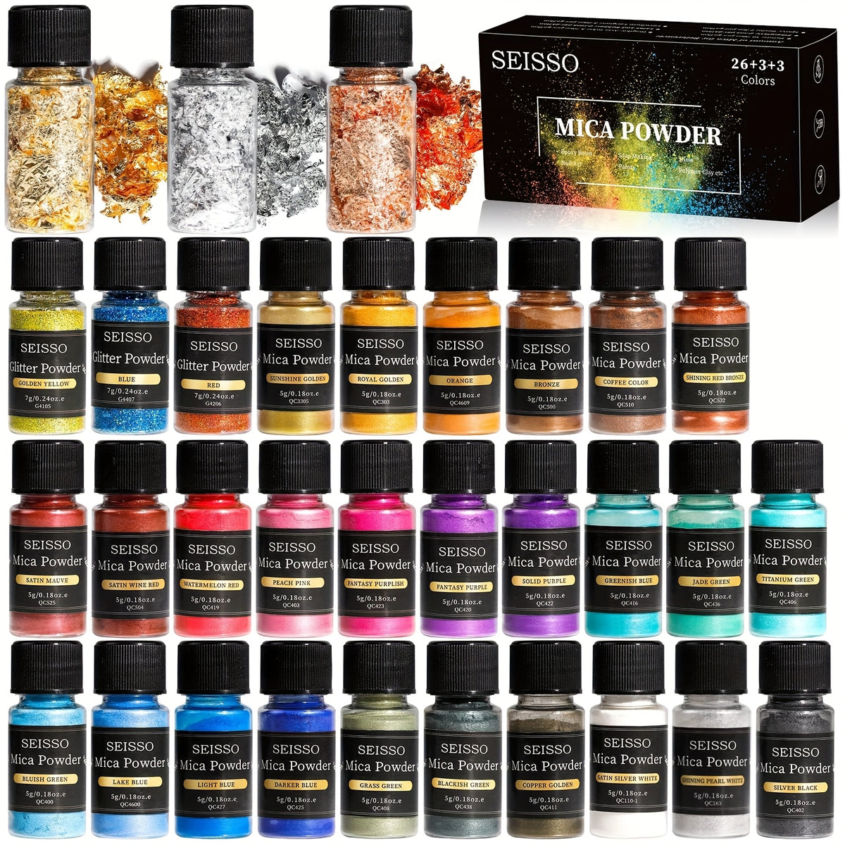 Mica Pigment and Glitter Craft Set with Listed 26 Mica Shades, Three Foil Flake Colors and Three Glitter Powders for Compatible Epoxy Resin Decorative Projects