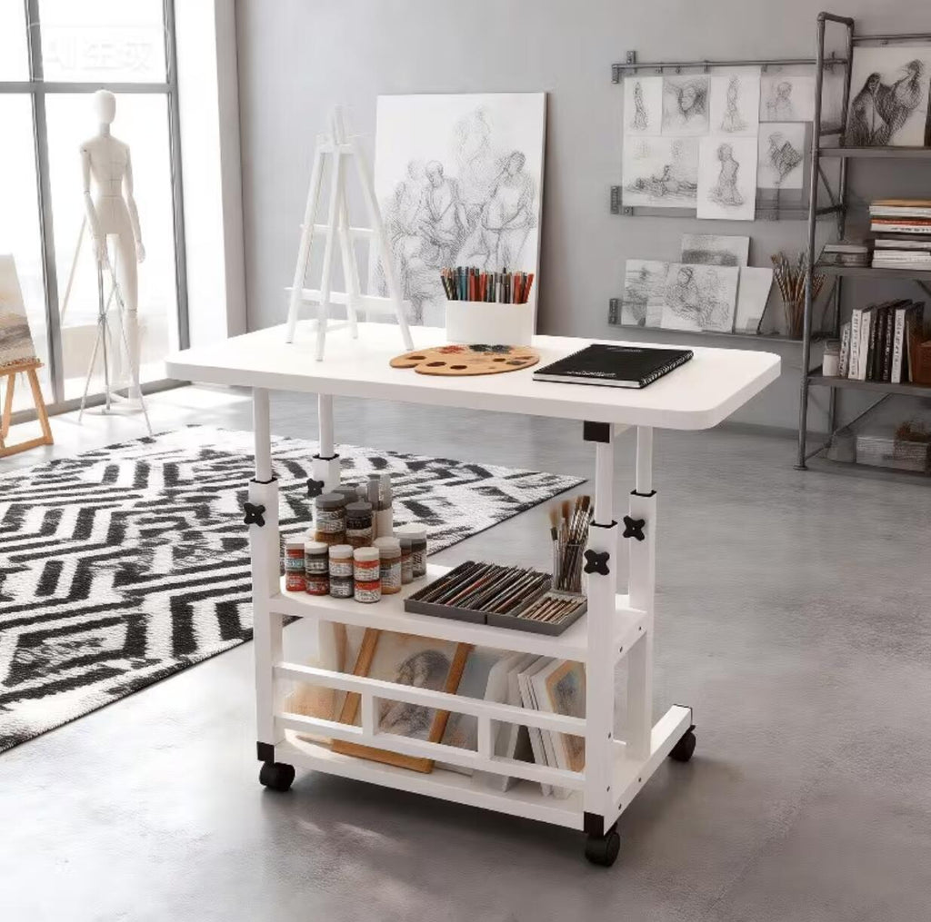 Height Adjustable Craft Table with Double Storage Shelves and Four 360-Degree Wheels, Rolling Sewing and Knitting Organizer for Bedrooms and Living Rooms
