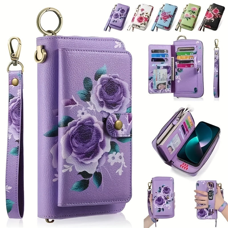 Floral Clutch Wallet for Women with Listed Zipper, Card and Coin Storage, Bow Accessory Reference and Selected Shoulder Strap Styles in Multiple Color Options