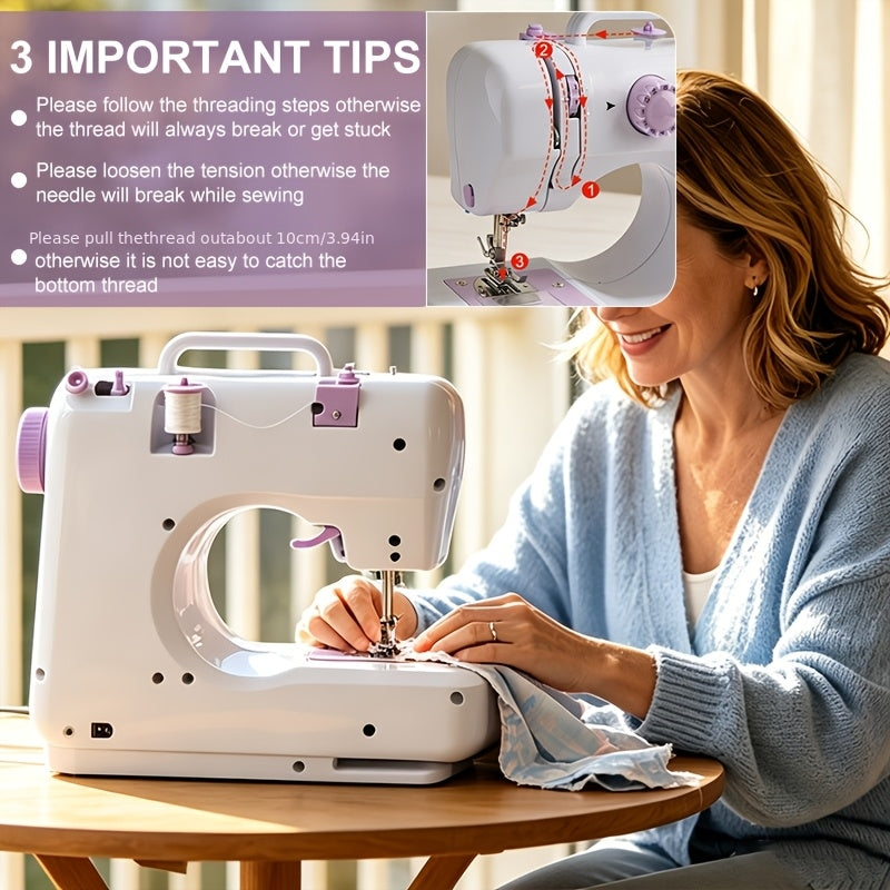 Sewing Machine with Adjustable Speed and 12 Stitch Patterns, White Purple Portable Electric Design for Beginner Practice, Home Fabric Repairs and DIY Crafts