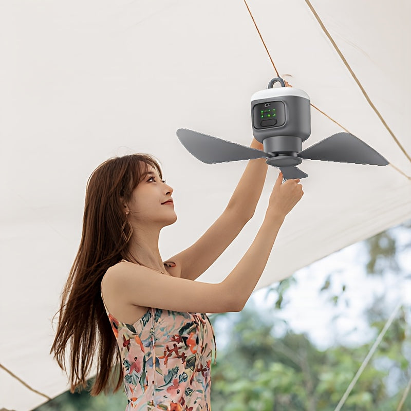 Grey Camping Ceiling Fan with Four Speeds, Lighting and Remote Control, Listed 12000mAh Battery, 8-Hour Timer and Up to 30-Hour Runtime for Campsite Airflow