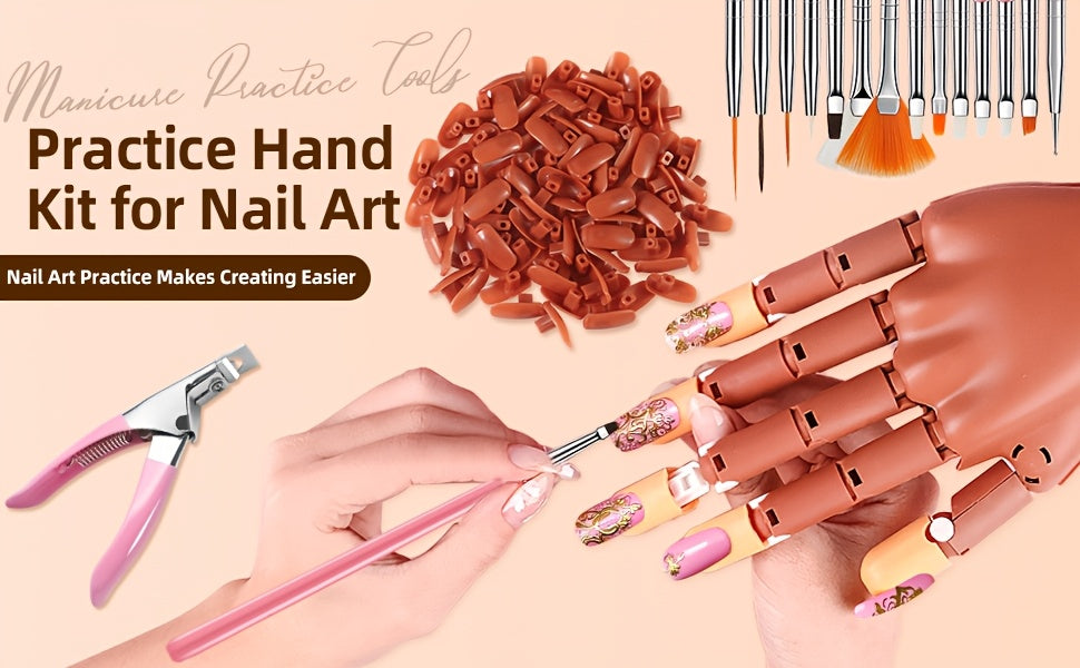 Flexible Nail Practice Hand for Acrylic Nail Training, Pink Hand Mold or Hand Model Set Options with Source-Listed Glue and Over-300g Weight Wording