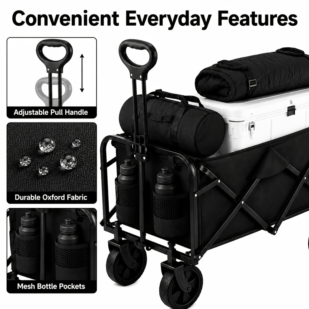 Small Folding Wagon in Black with 50LBS Model Label, Collapsible Utility Cart and Adjustable Pull Handle for Grocery, Garden Supply and Camping Gear Transport