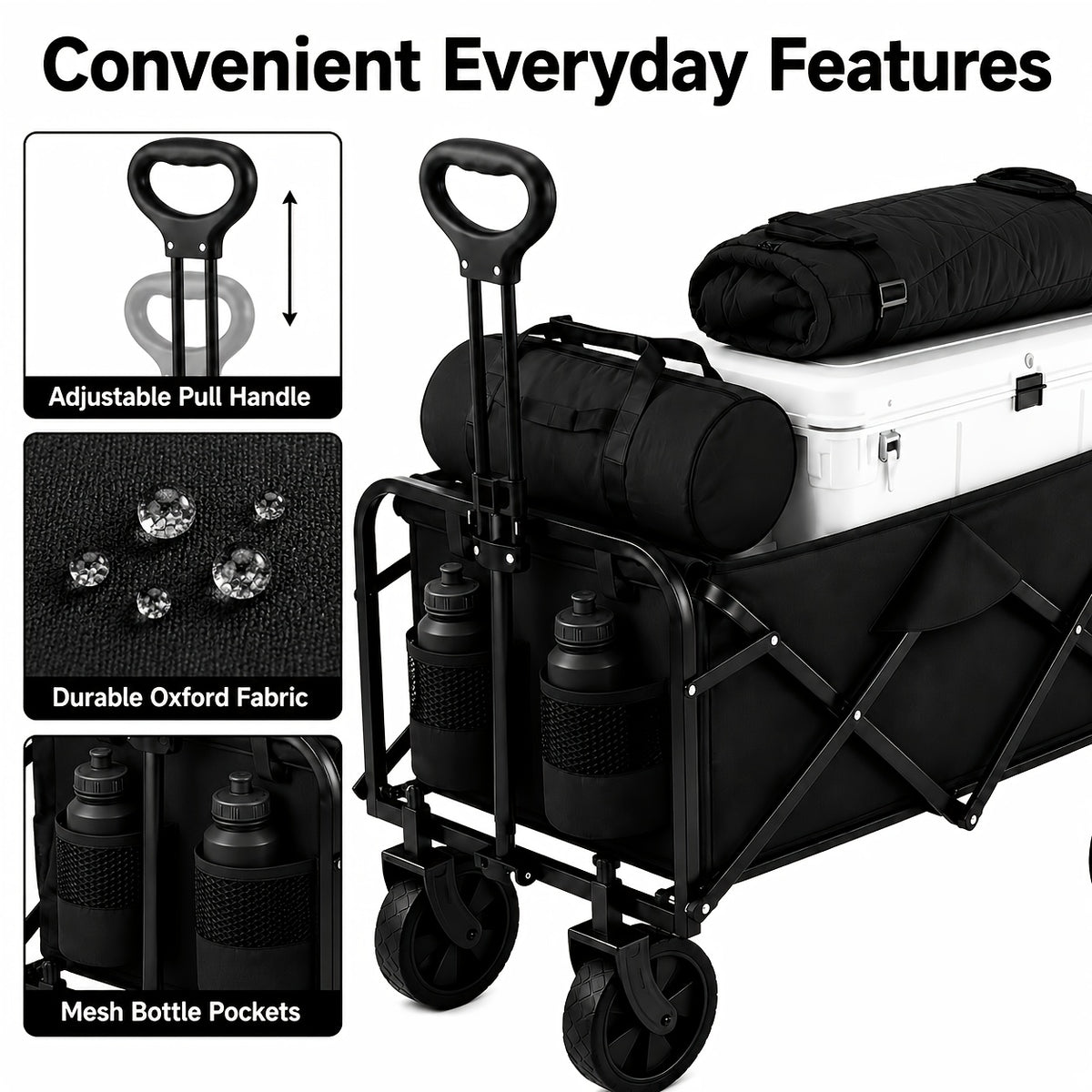 Small Folding Wagon in Black with 50LBS Model Label, Collapsible Utility Cart and Adjustable Pull Handle for Grocery, Garden Supply and Camping Gear Transport