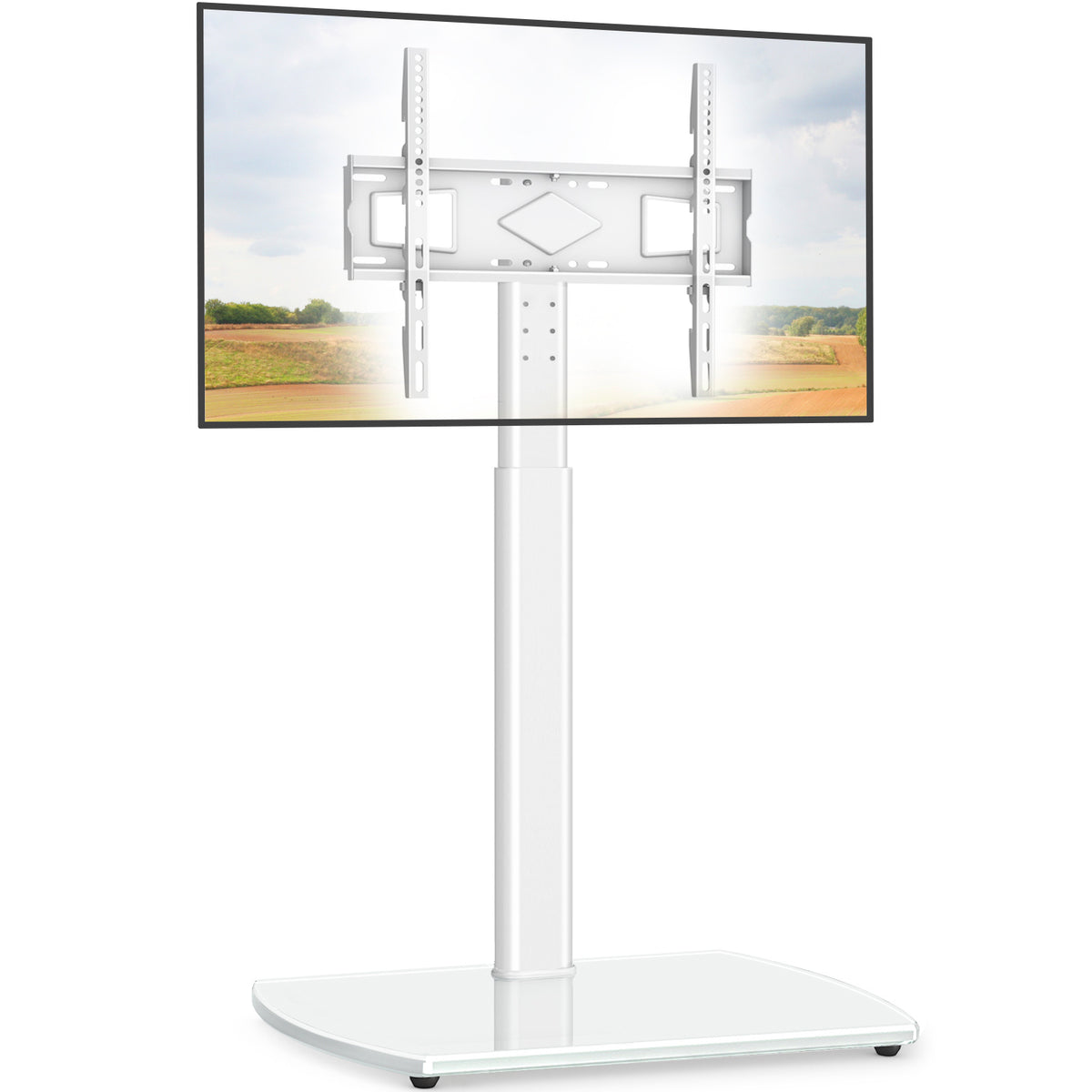 Swivel TV Floor Stand with Adjustable Height and Tempered Glass Base, Cable Management and Black or White Options for Compatible 32–65 Inch Television Setups
