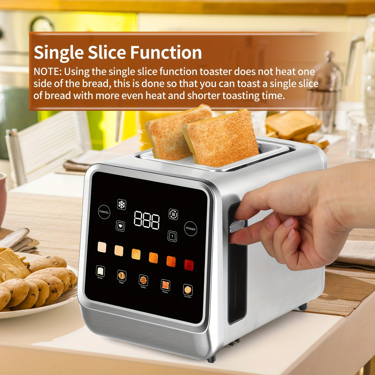 Seven-Shade Touchscreen Two-Slice Toaster with Listed Five Bread Selections, 1.5-Inch Slots, Bagel, Defrost, Cancel and Reheat Functions, Stainless Steel Options