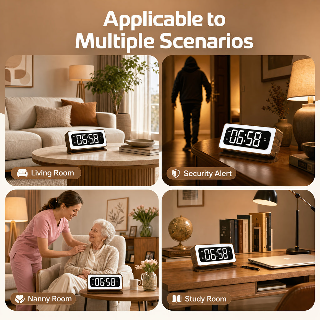 Wood-Grain Indoor Security Clock Camera with Listed 2K Video, Dual-Band WiFi, Color Night Vision, Motion Alerts, Rechargeable Battery and Optional microSD Storage
