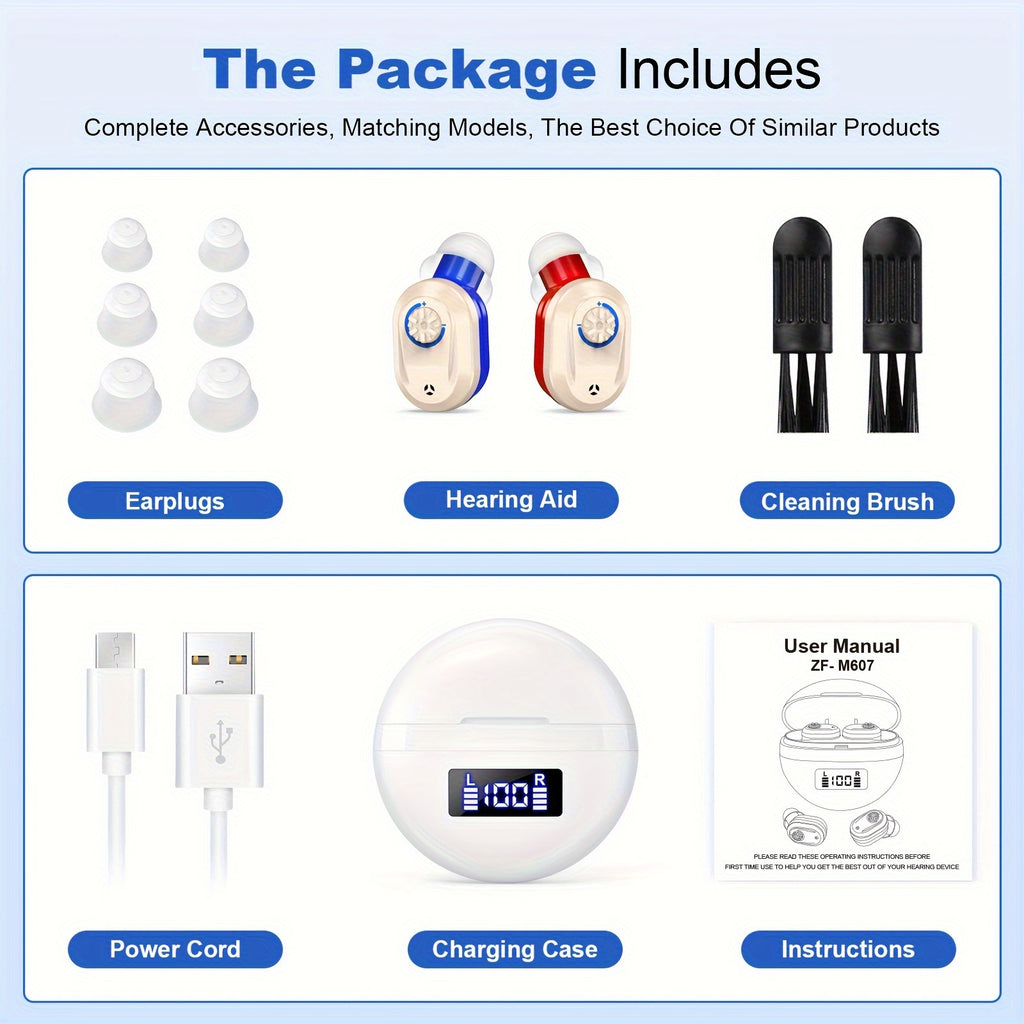 Rechargeable Hearing Device Pair K&FCOPTEE with Digital Display Charging Case, Rotary Volume Control, Six Silicone Ear Domes and Cleaning Accessories